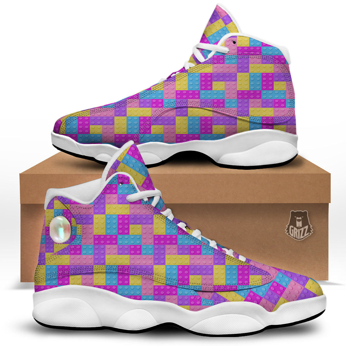 Video Game Colorful Block Puzzle Print White Basketball Shoes-grizzshop
