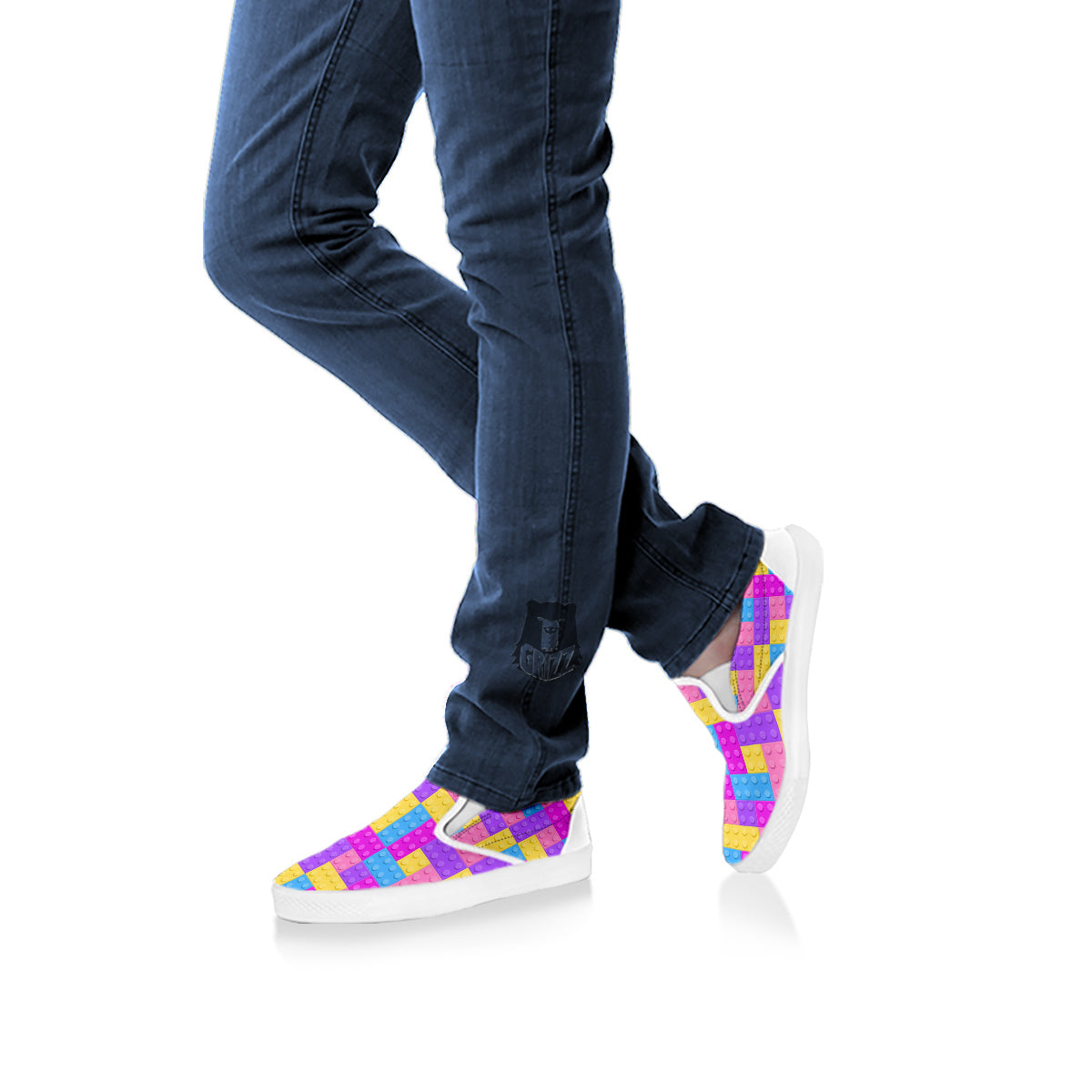 Video Game Colorful Block Puzzle Print White Slip On Shoes-grizzshop