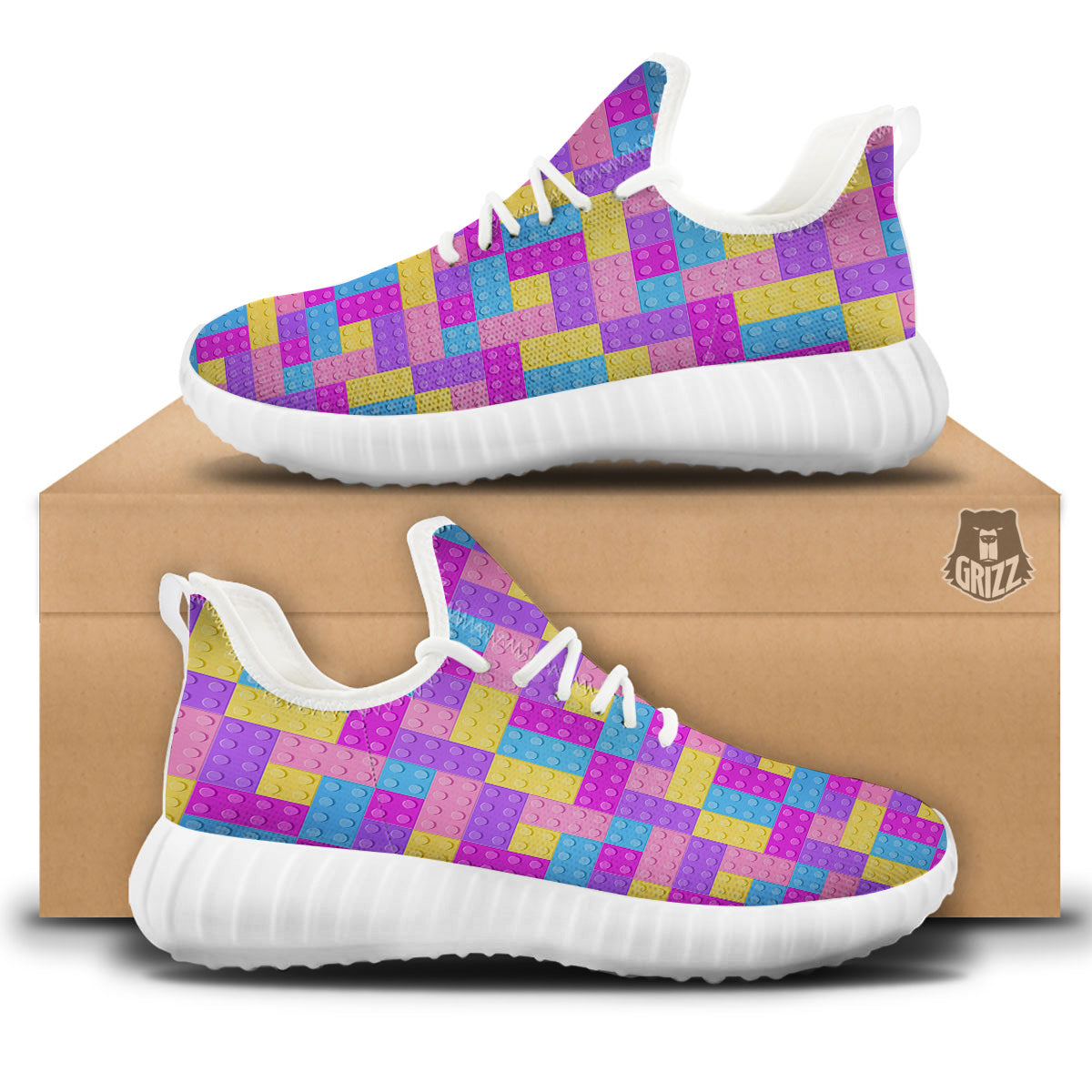 Video Game Colorful Block Puzzle Print White Walking Shoes-grizzshop