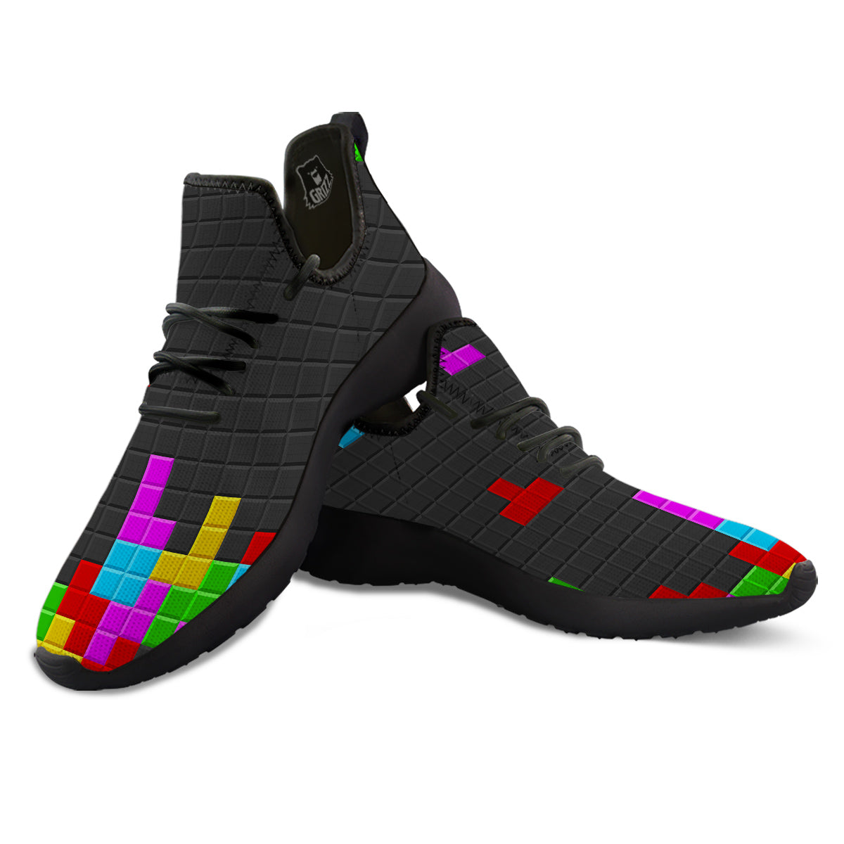 Video Game Colorful Brick Puzzle Print Black Athletic Shoes-grizzshop