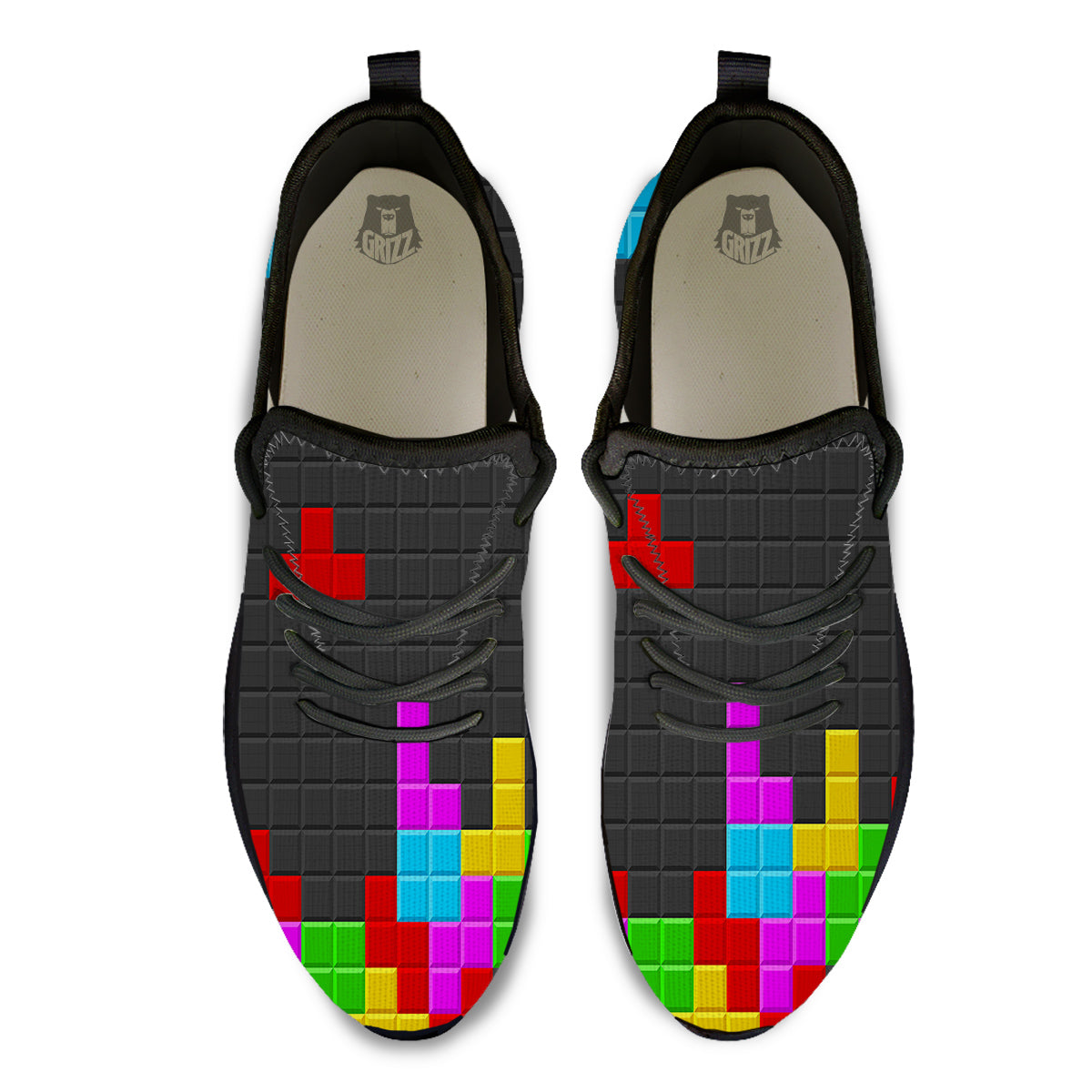 Video Game Colorful Brick Puzzle Print Black Athletic Shoes-grizzshop