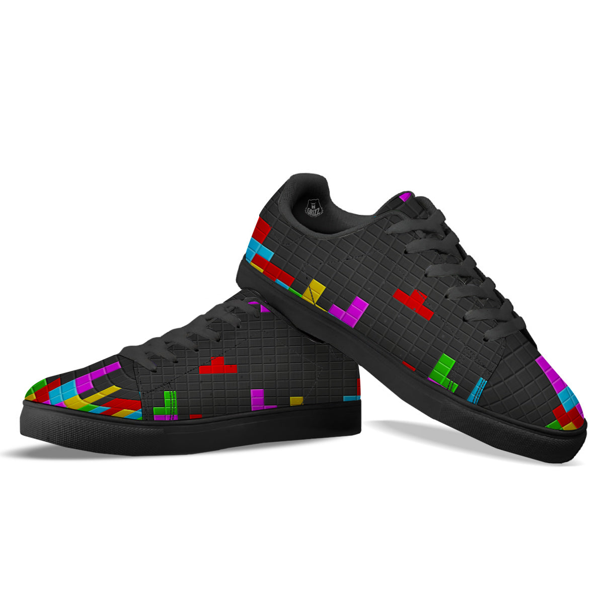 Video Game Colorful Brick Puzzle Print Black Low Top Sneakers-grizzshop