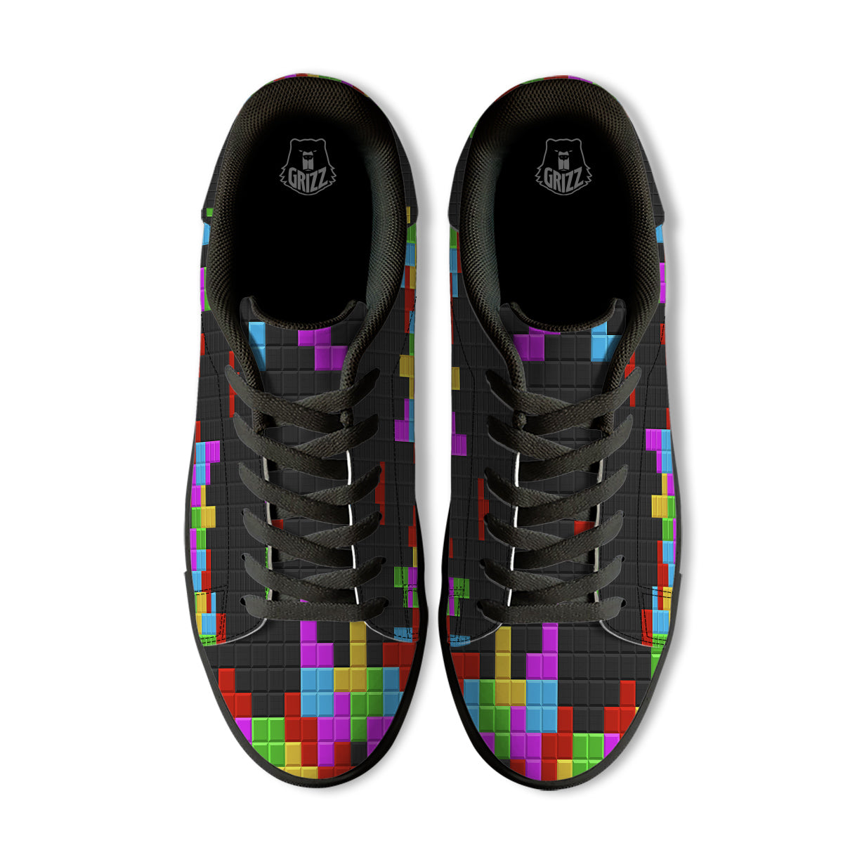 Video Game Colorful Brick Puzzle Print Black Low Top Sneakers-grizzshop