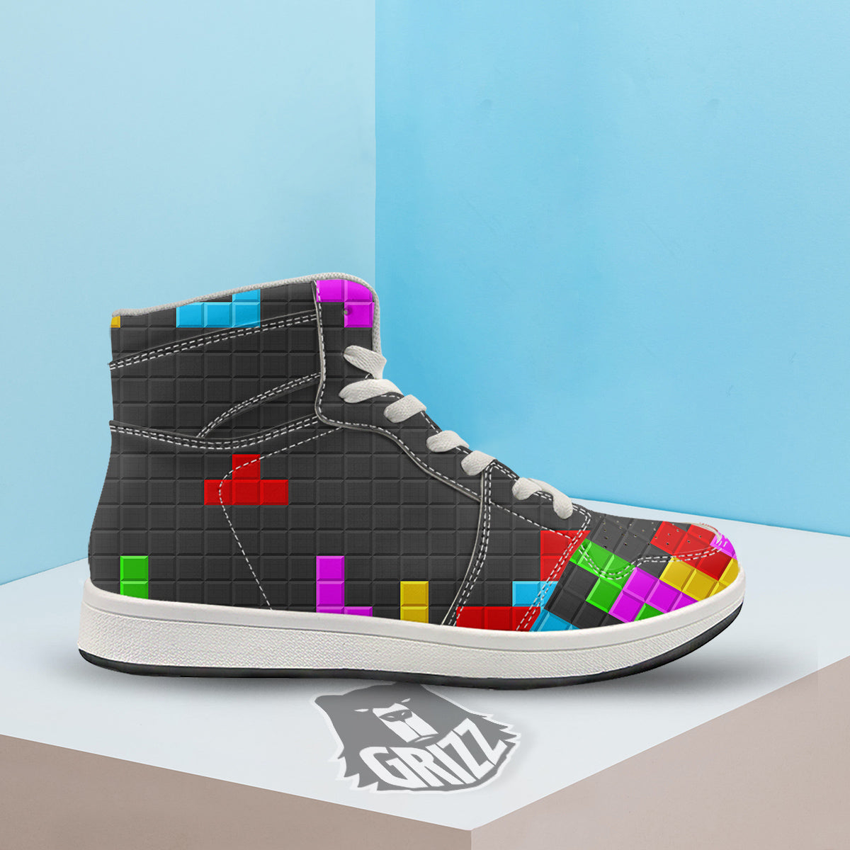 Video Game Colorful Brick Puzzle Print High Top Sneakers-grizzshop