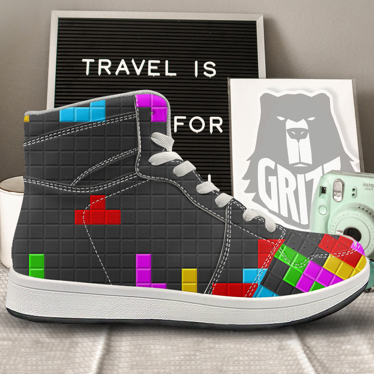 Video Game Colorful Brick Puzzle Print High Top Sneakers-grizzshop
