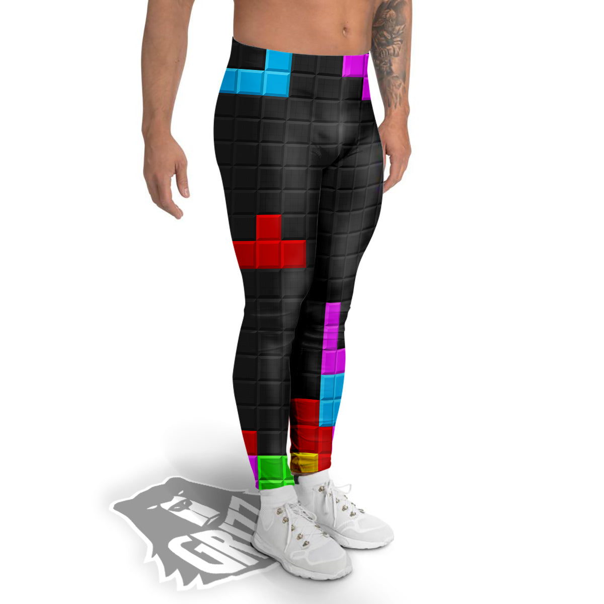 Video Game Colorful Brick Puzzle Print Men's Leggings-grizzshop