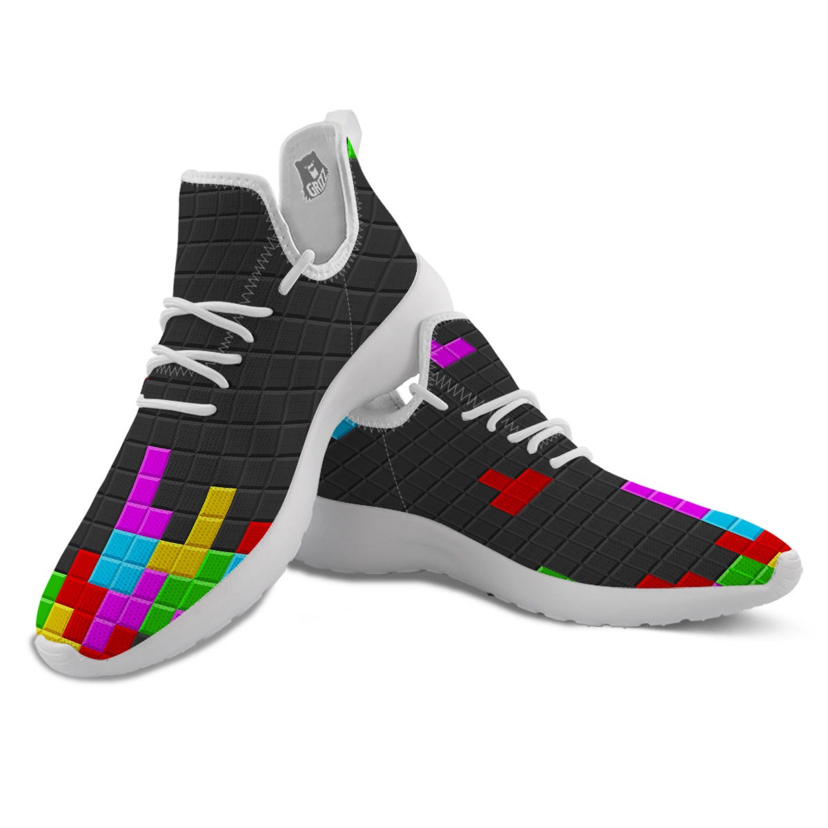Video Game Colorful Brick Puzzle Print White Athletic Shoes-grizzshop