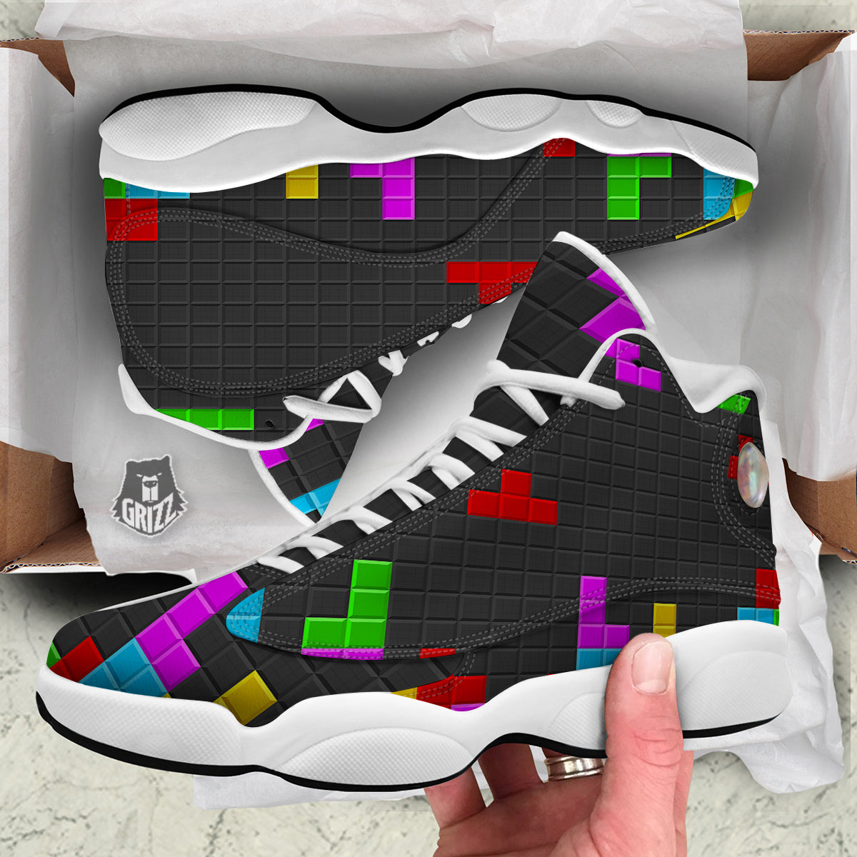 Video Game Colorful Brick Puzzle Print White Basketball Shoes-grizzshop