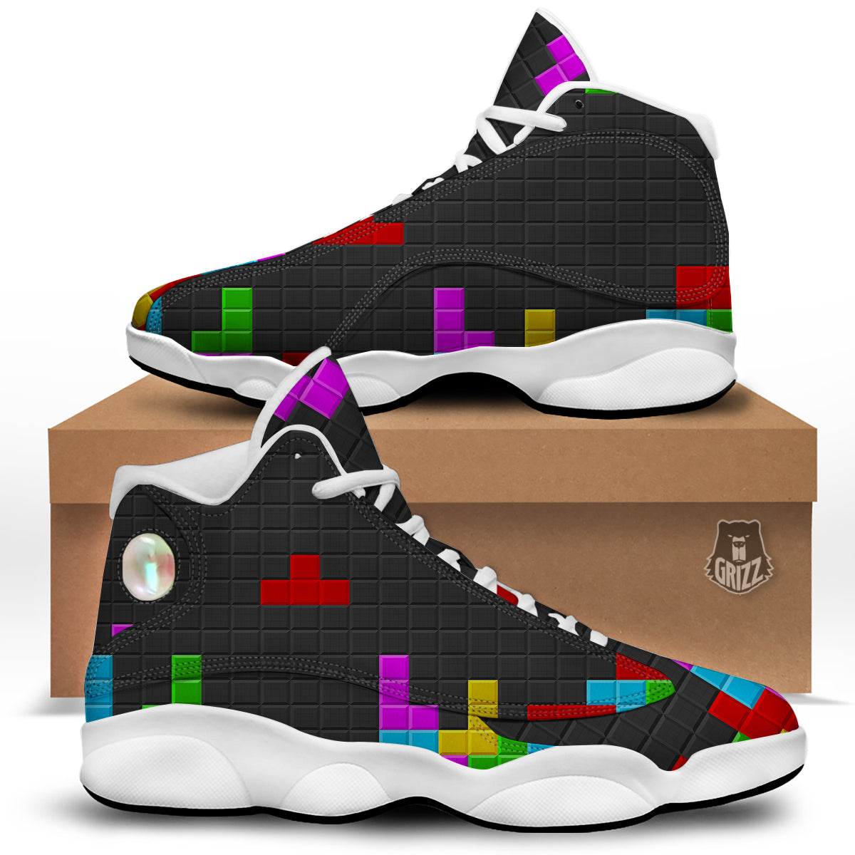Video Game Colorful Brick Puzzle Print White Basketball Shoes-grizzshop