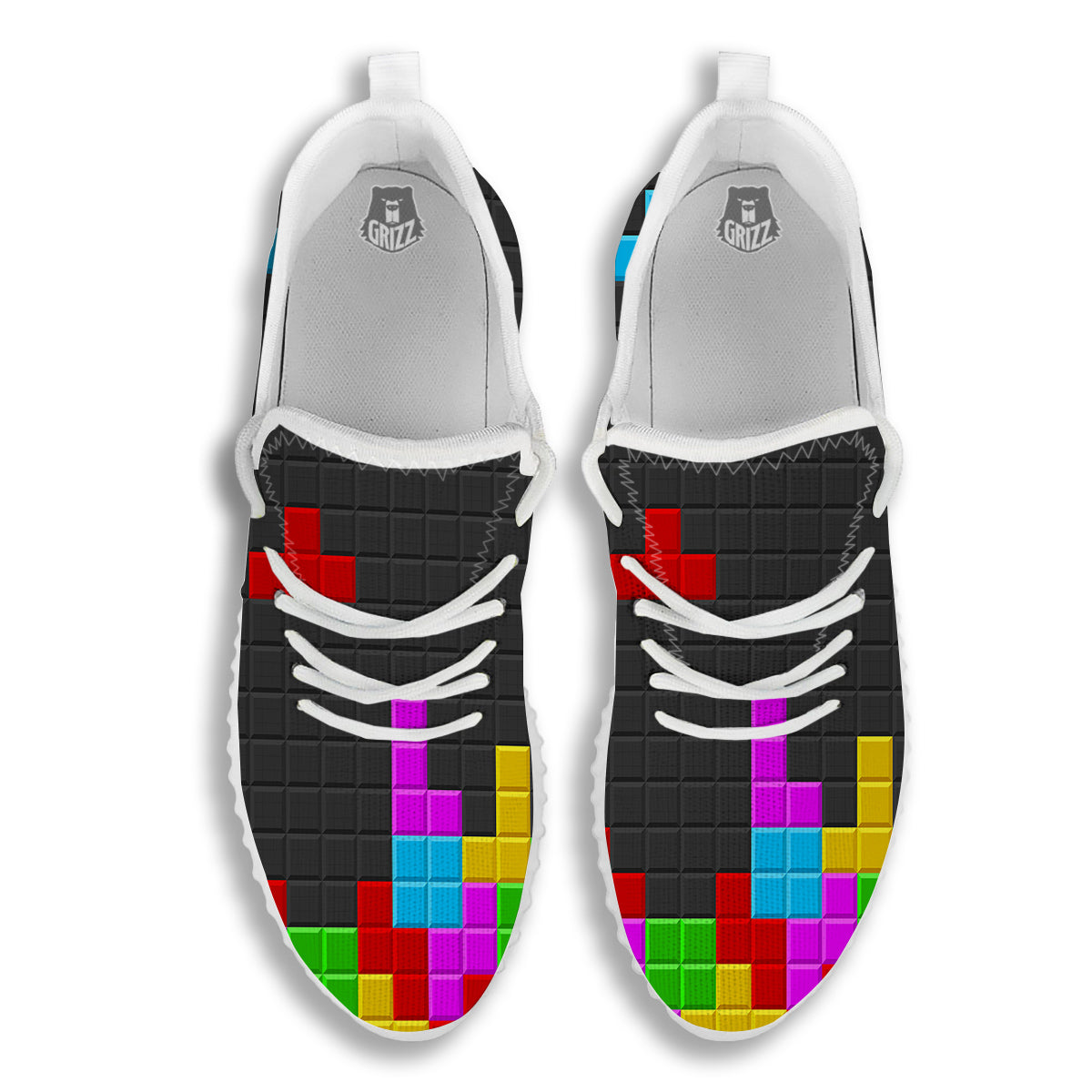 Video Game Colorful Brick Puzzle Print White Walking Shoes-grizzshop