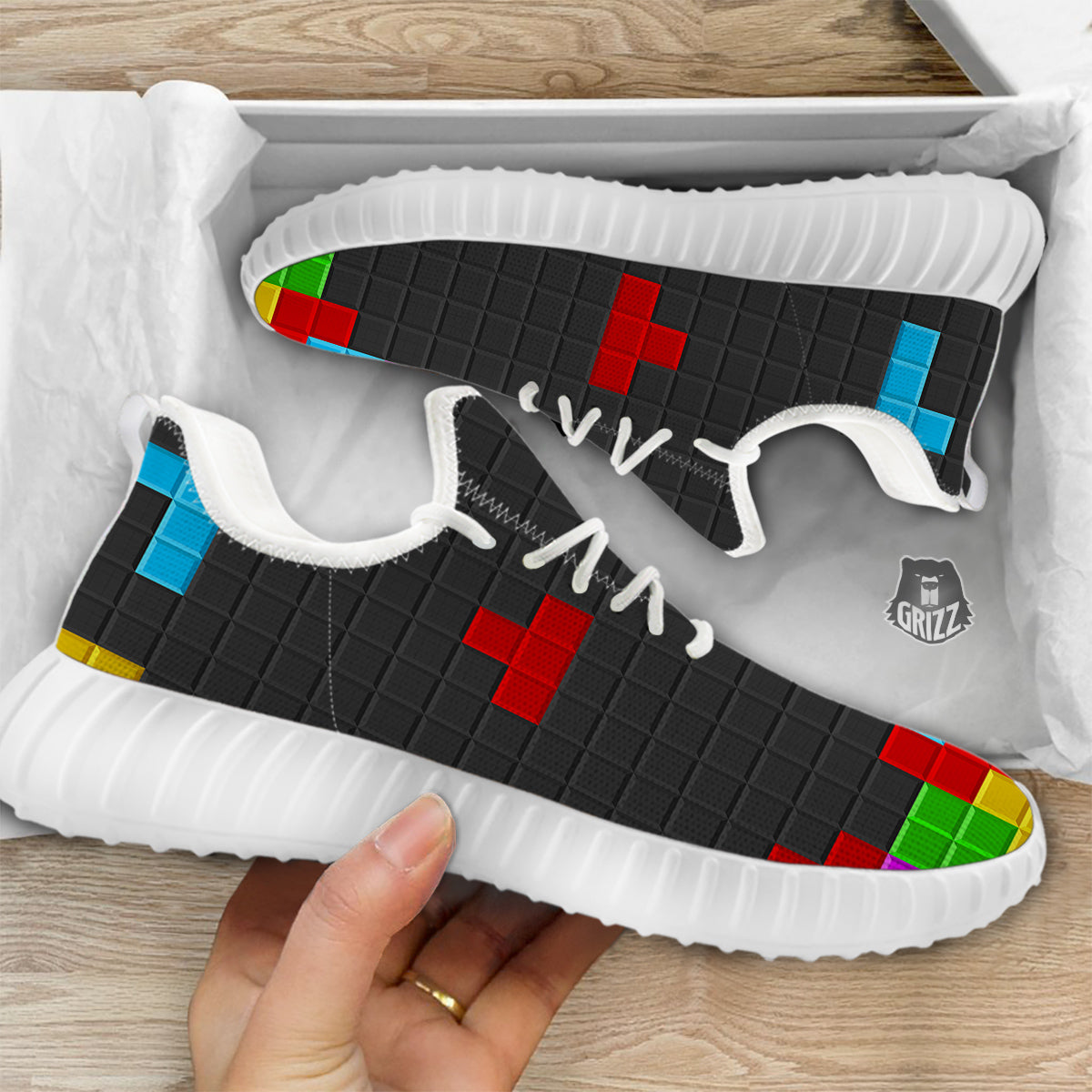Video Game Colorful Brick Puzzle Print White Walking Shoes-grizzshop