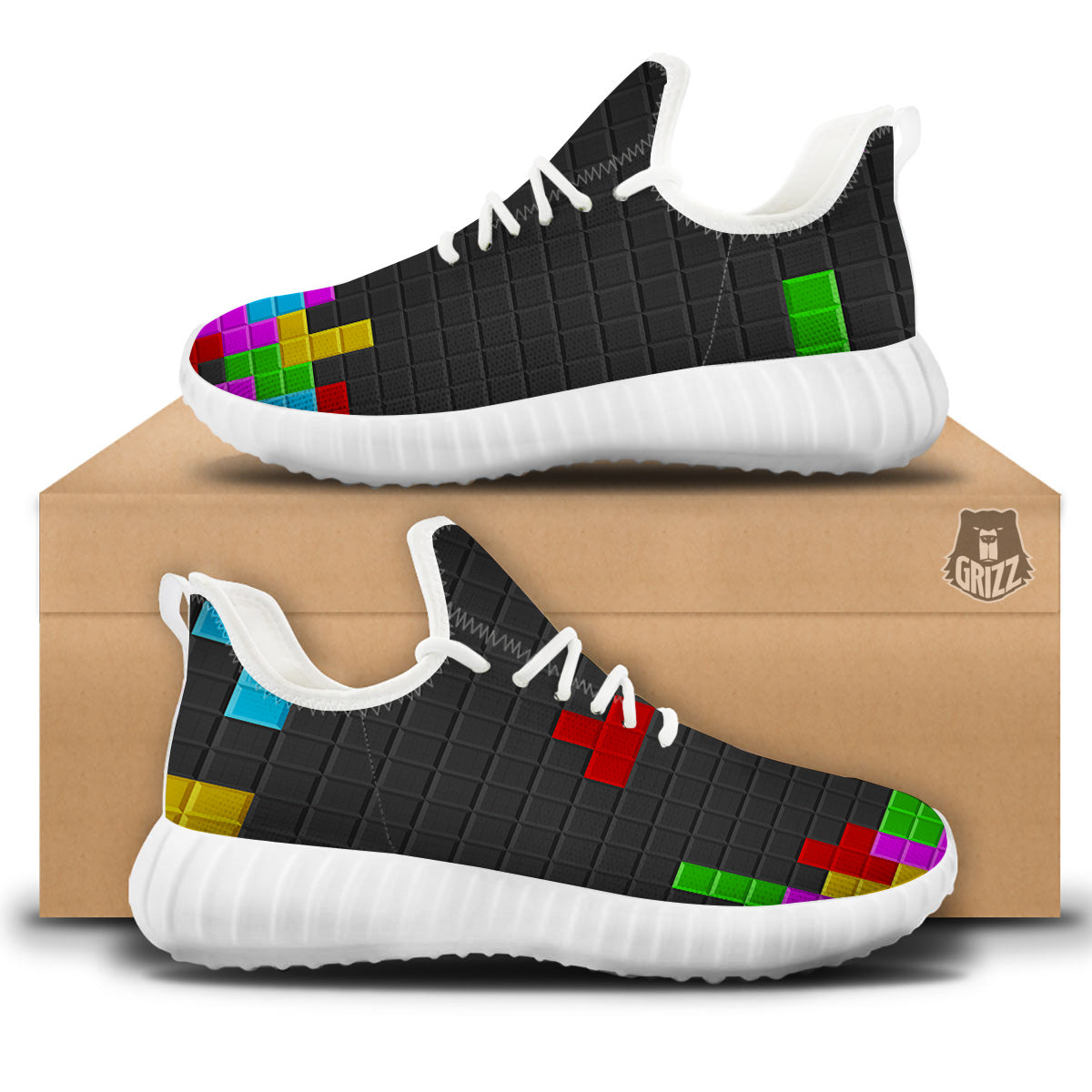 Video Game Colorful Brick Puzzle Print White Walking Shoes-grizzshop