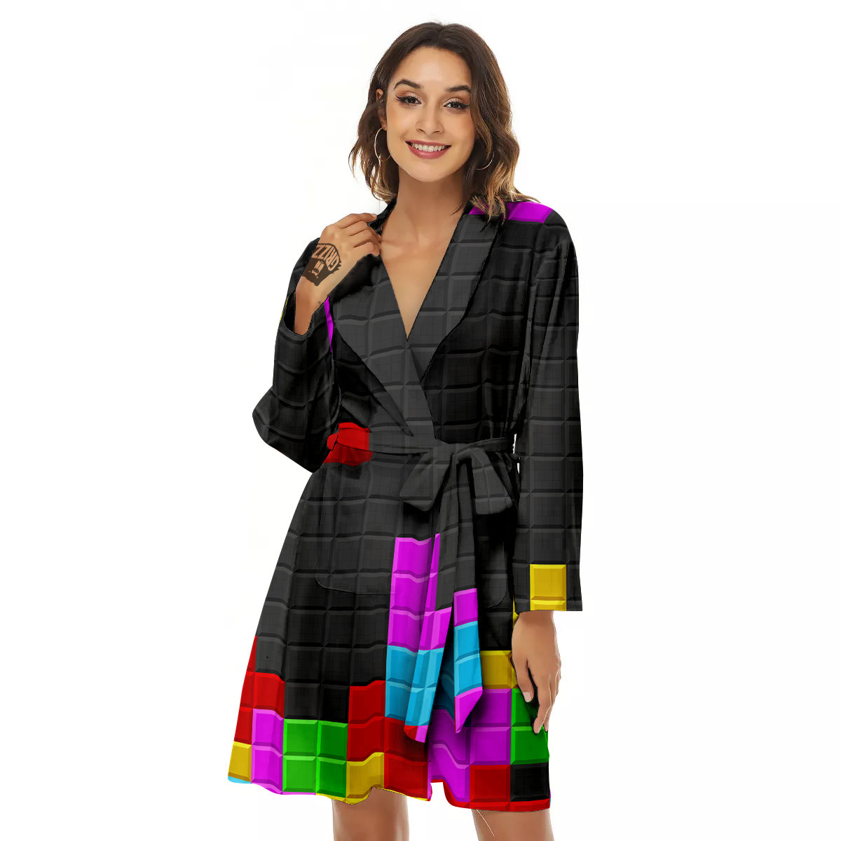Video Game Colorful Brick Puzzle Print Women's Robe-grizzshop