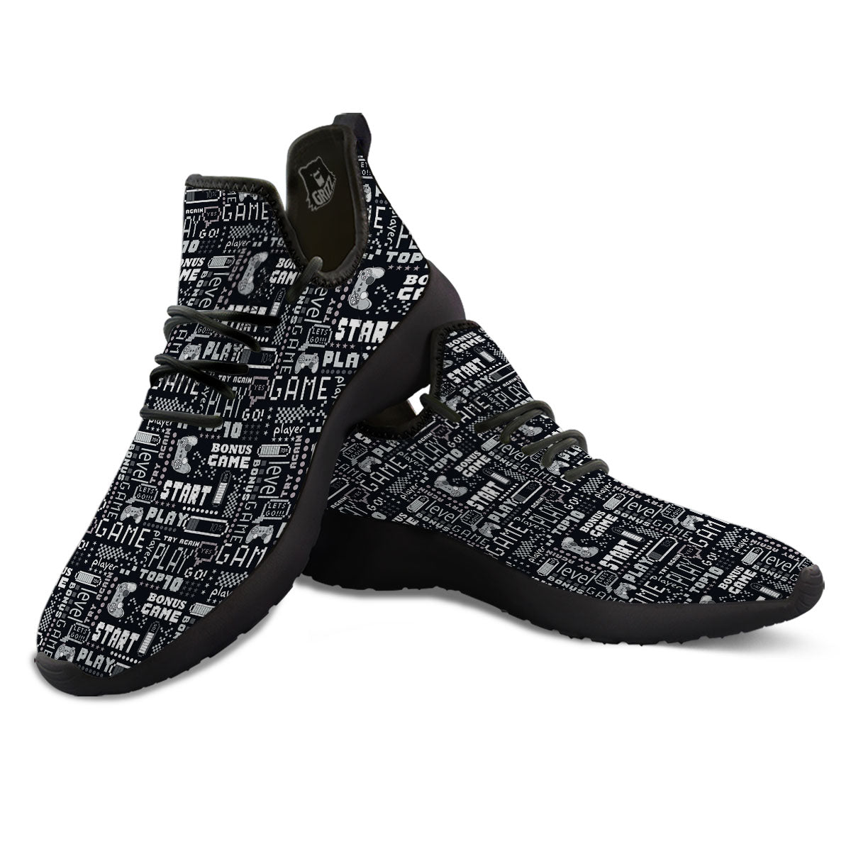 Video Game White And Black Print Pattern Black Athletic Shoes-grizzshop