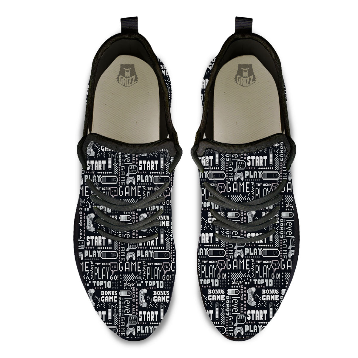 Video Game White And Black Print Pattern Black Athletic Shoes-grizzshop