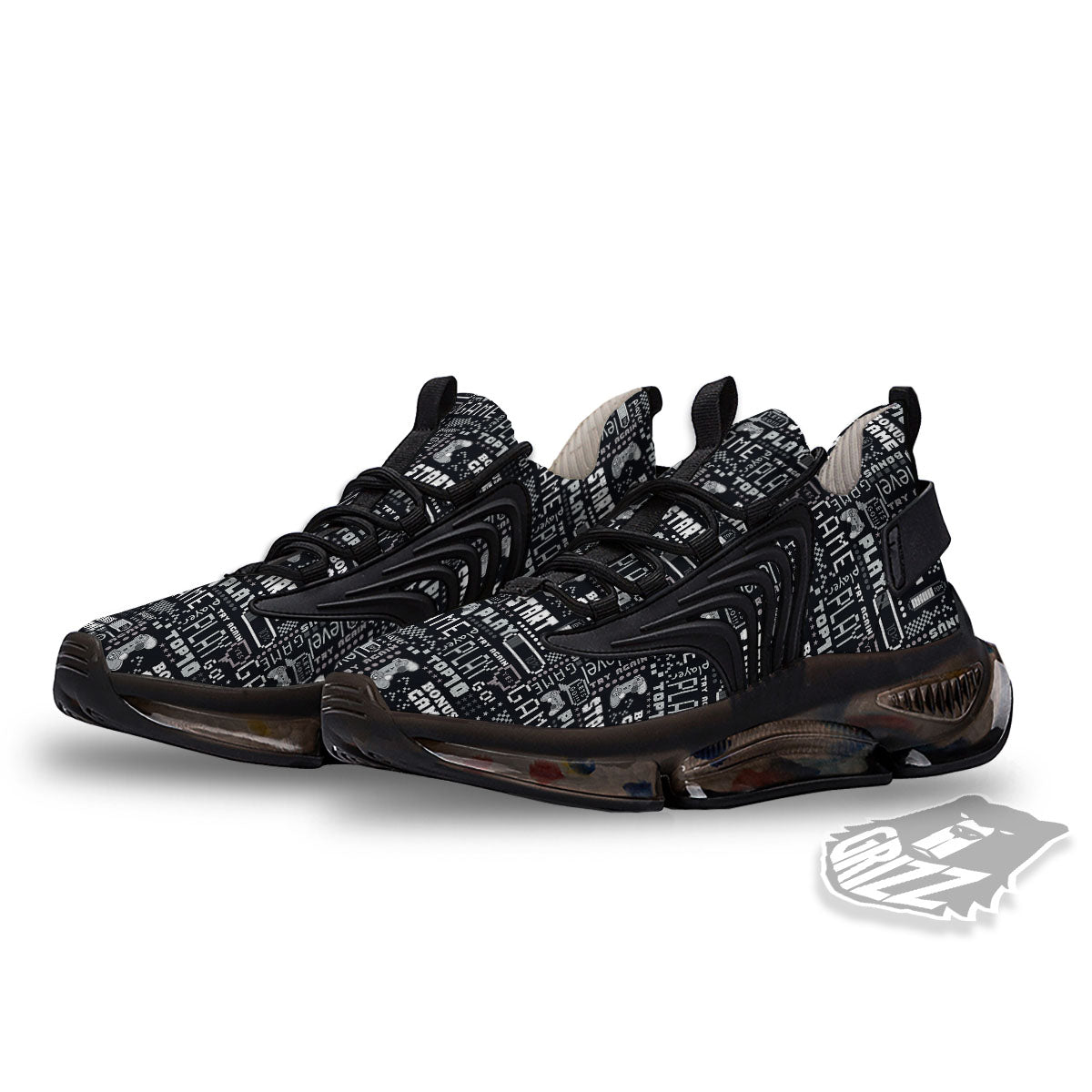 Video Game White And Black Print Pattern Black Gym Shoes-grizzshop