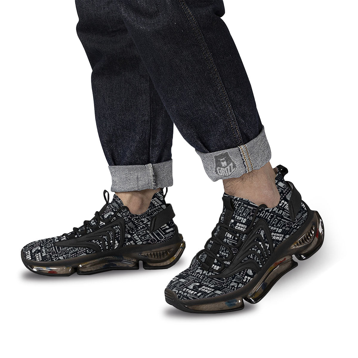 Video Game White And Black Print Pattern Black Gym Shoes-grizzshop