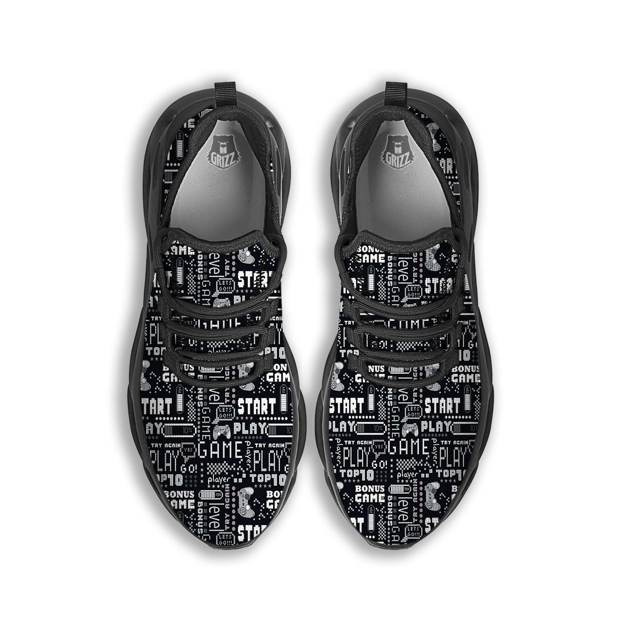 Video Game White And Black Print Pattern Black Running Shoes-grizzshop