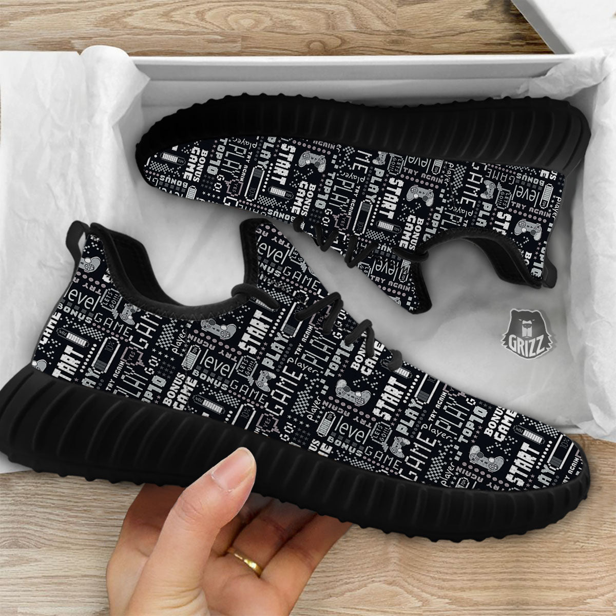 Video Game White And Black Print Pattern Black Walking Shoes-grizzshop