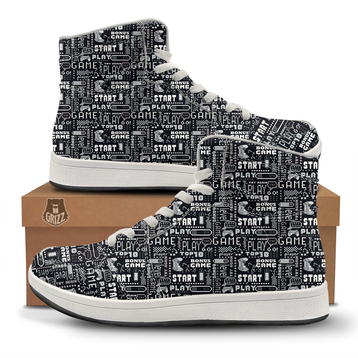 Video Game White And Black Print Pattern High Top Sneakers-grizzshop