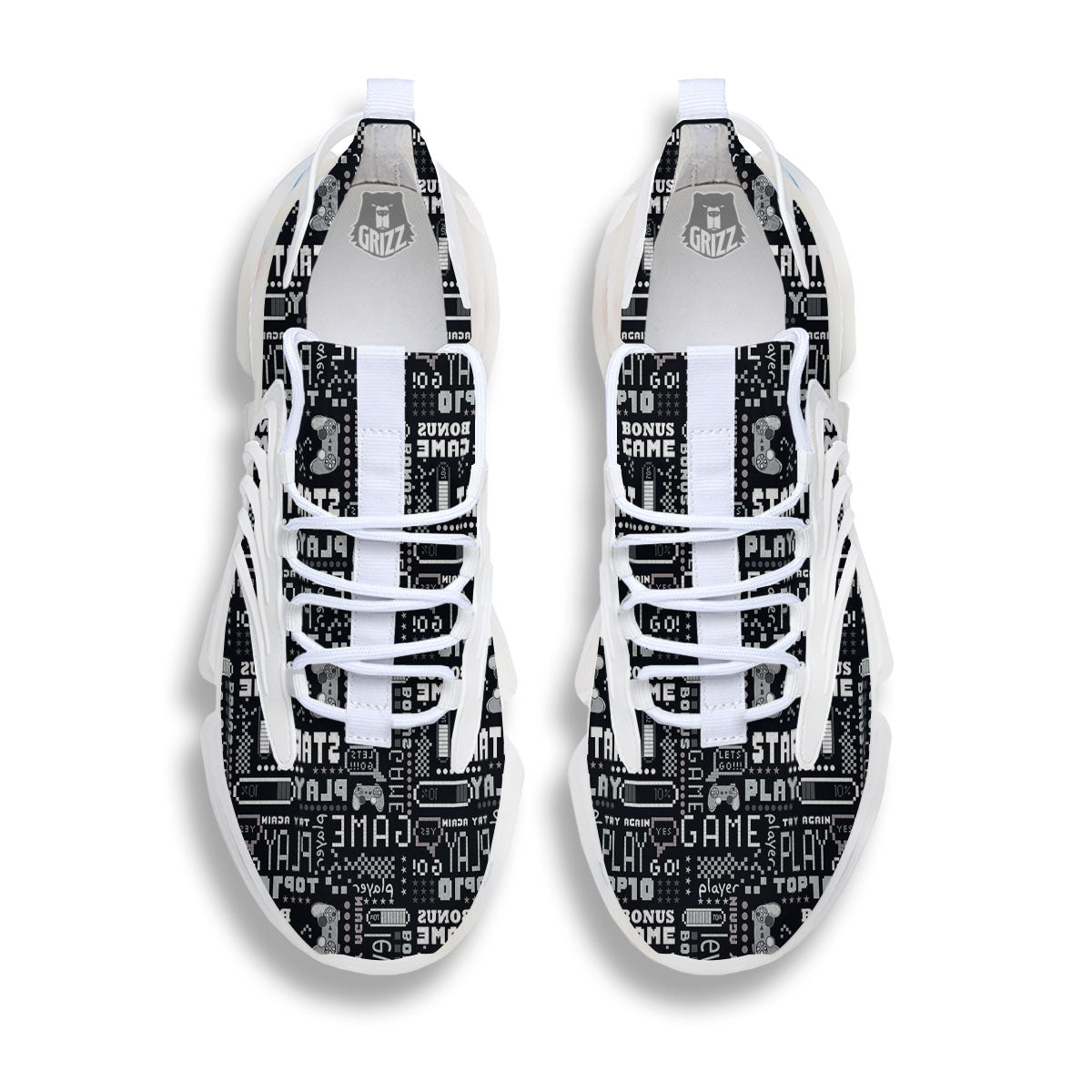 Video Game White And Black Print Pattern White Gym Shoes-grizzshop