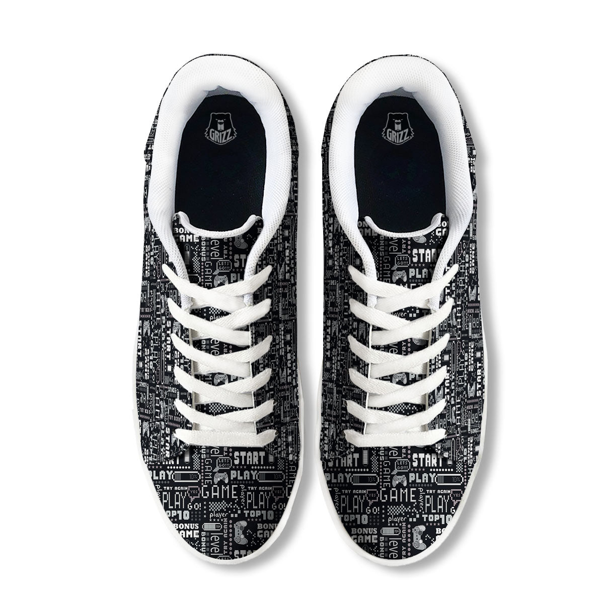 Video Game White And Black Print Pattern White Low Top Sneakers-grizzshop