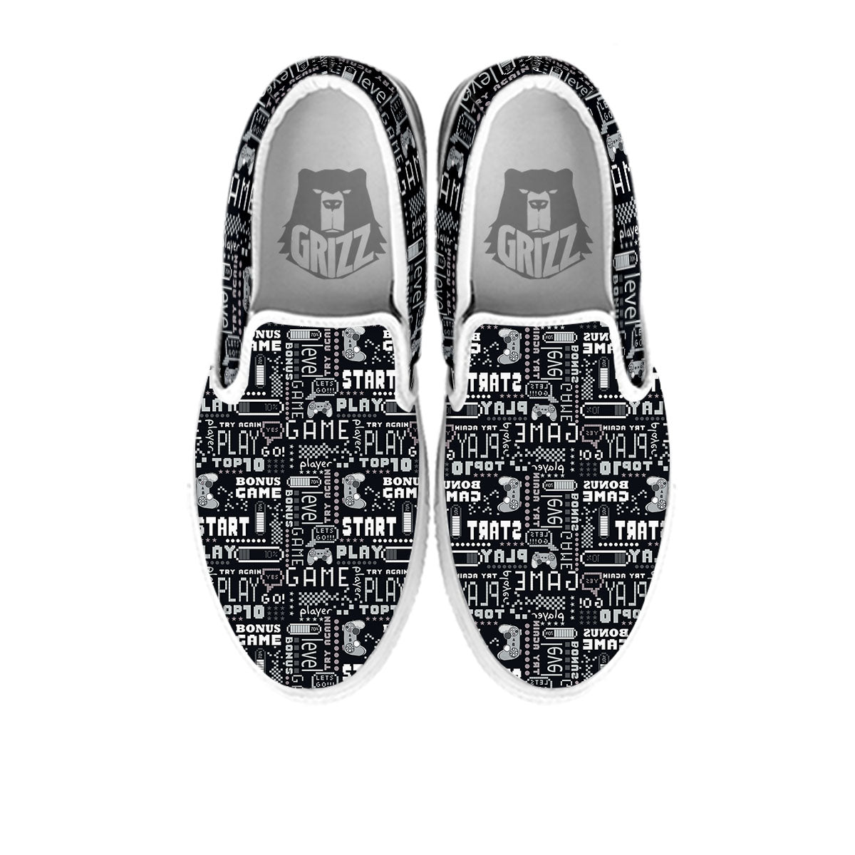 Video Game White And Black Print Pattern White Slip On Shoes-grizzshop