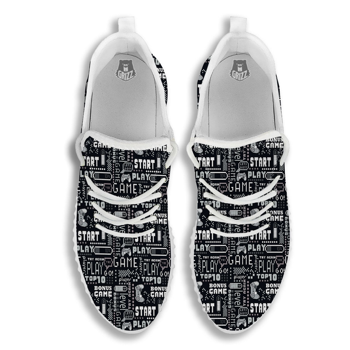 Video Game White And Black Print Pattern White Walking Shoes-grizzshop