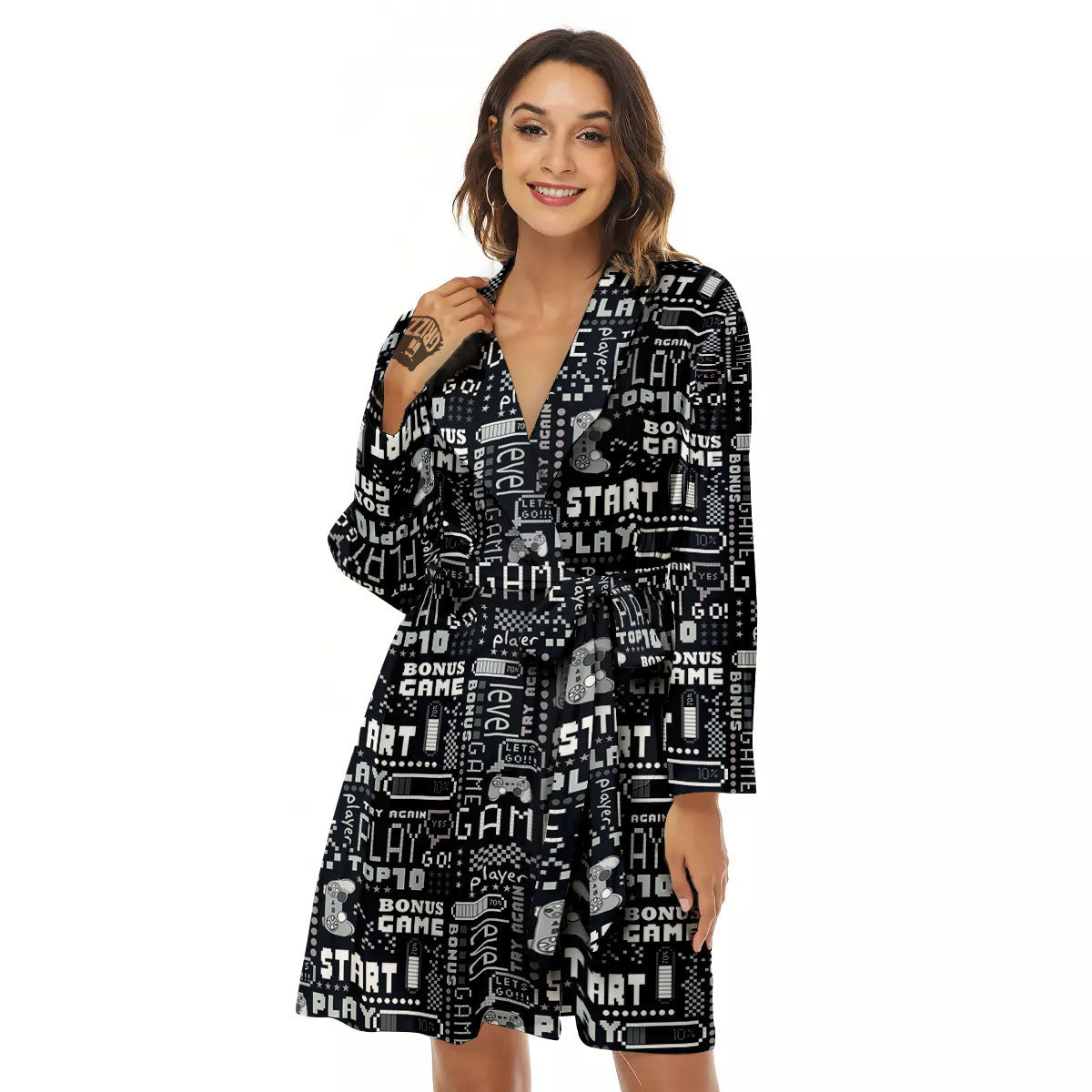 Video Game White And Black Print Pattern Women's Robe-grizzshop