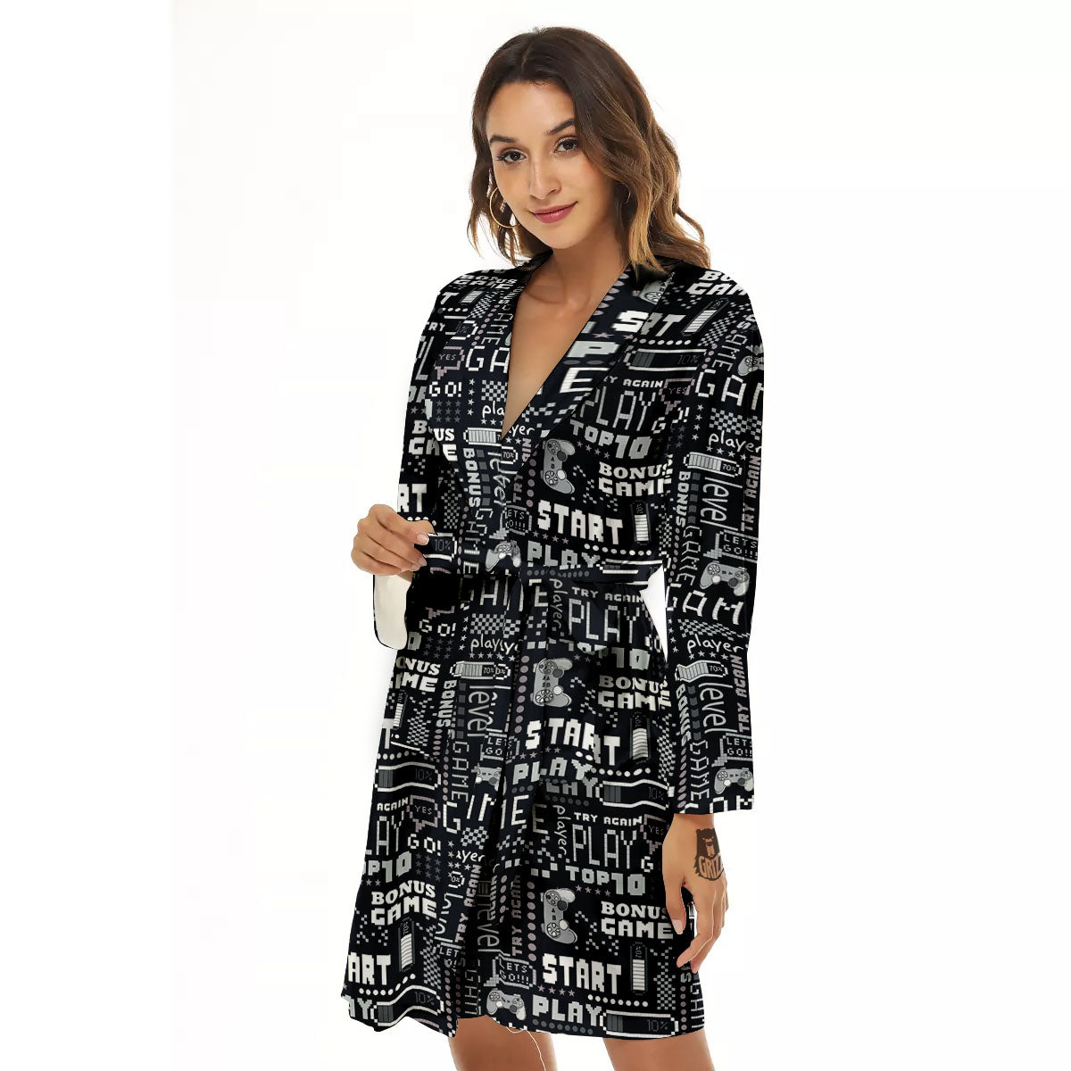 Video Game White And Black Print Pattern Women's Robe-grizzshop