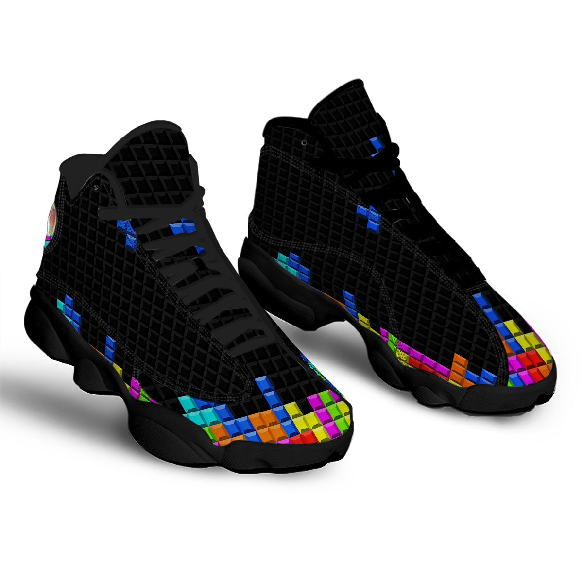 Video Game White Brick Puzzle Print Black Basketball Shoes-grizzshop