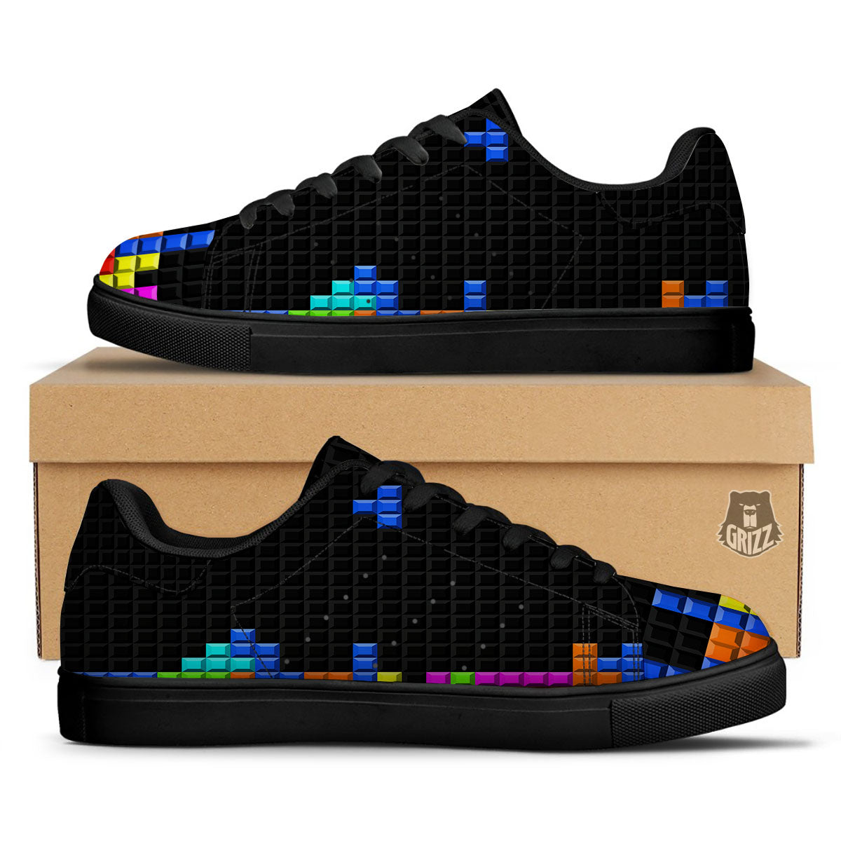 Video Game White Brick Puzzle Print Black Low Top Sneakers-grizzshop