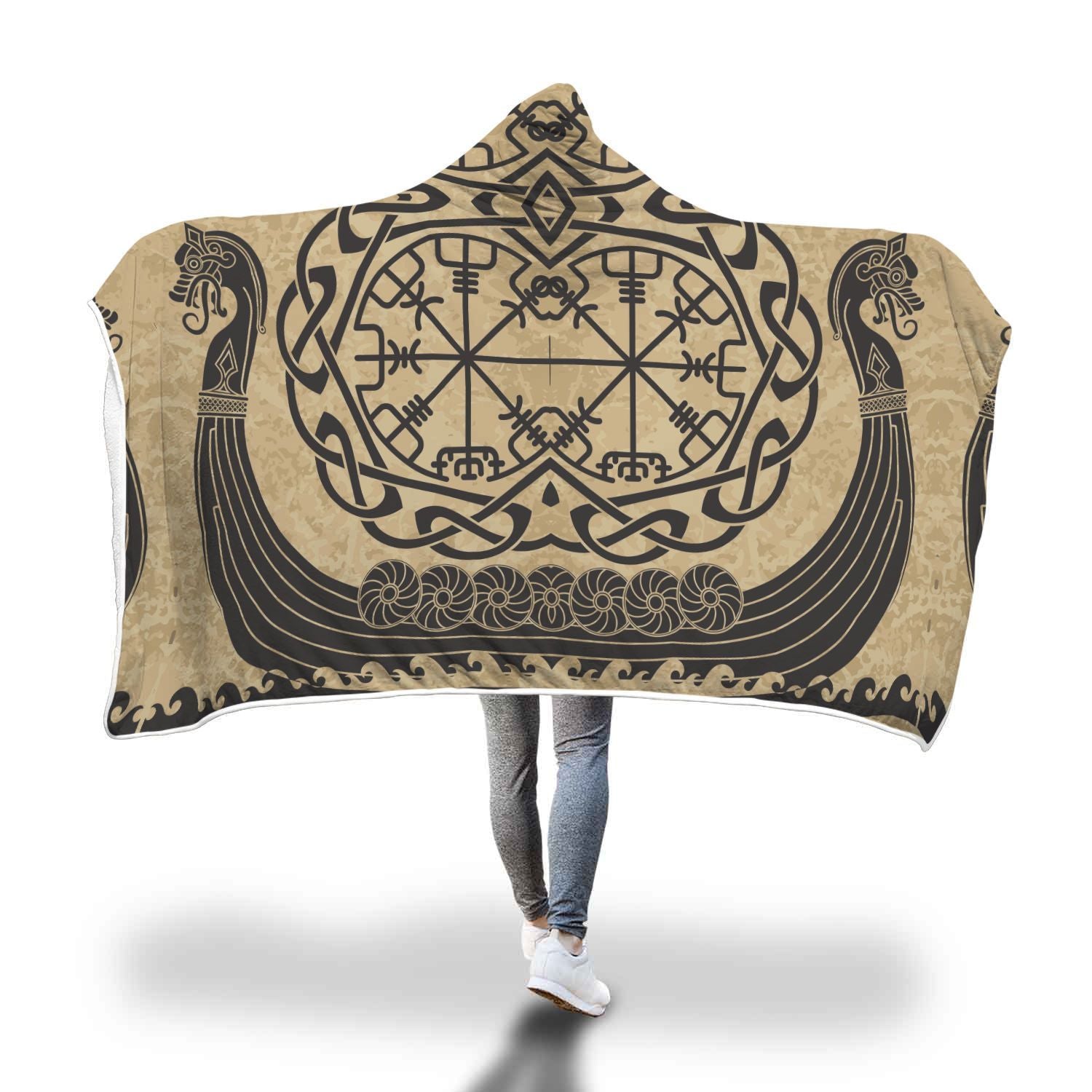 Viking Boat Drakkar Vegvisir Print Hooded Blanket-grizzshop