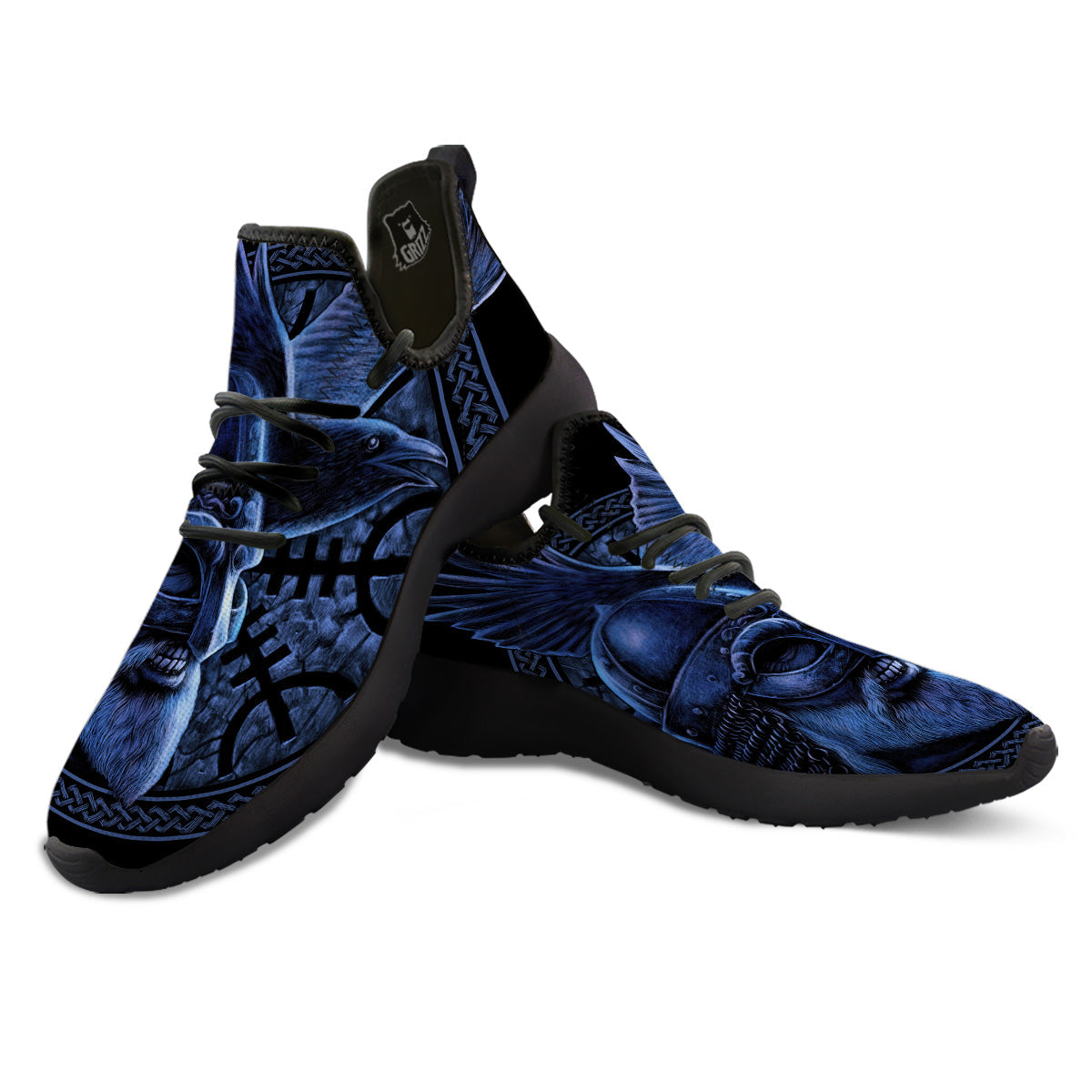 Viking God Odin And Crow Blue Print Black Athletic Shoes-grizzshop