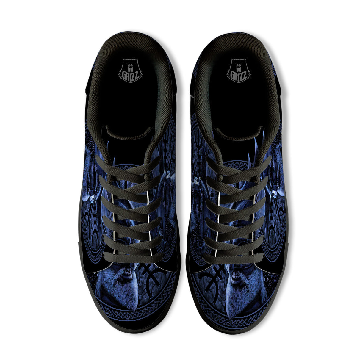 Viking God Odin And Crow Blue Print Black Low Top Sneakers-grizzshop