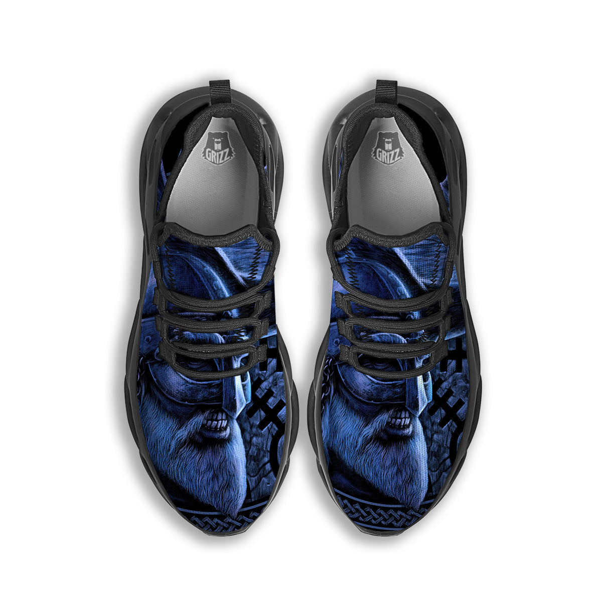 Viking God Odin And Crow Blue Print Black Running Shoes-grizzshop