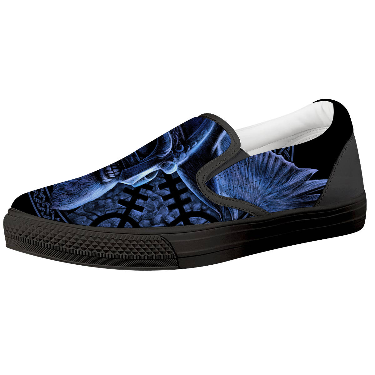 Viking God Odin And Crow Blue Print Black Slip On Shoes-grizzshop
