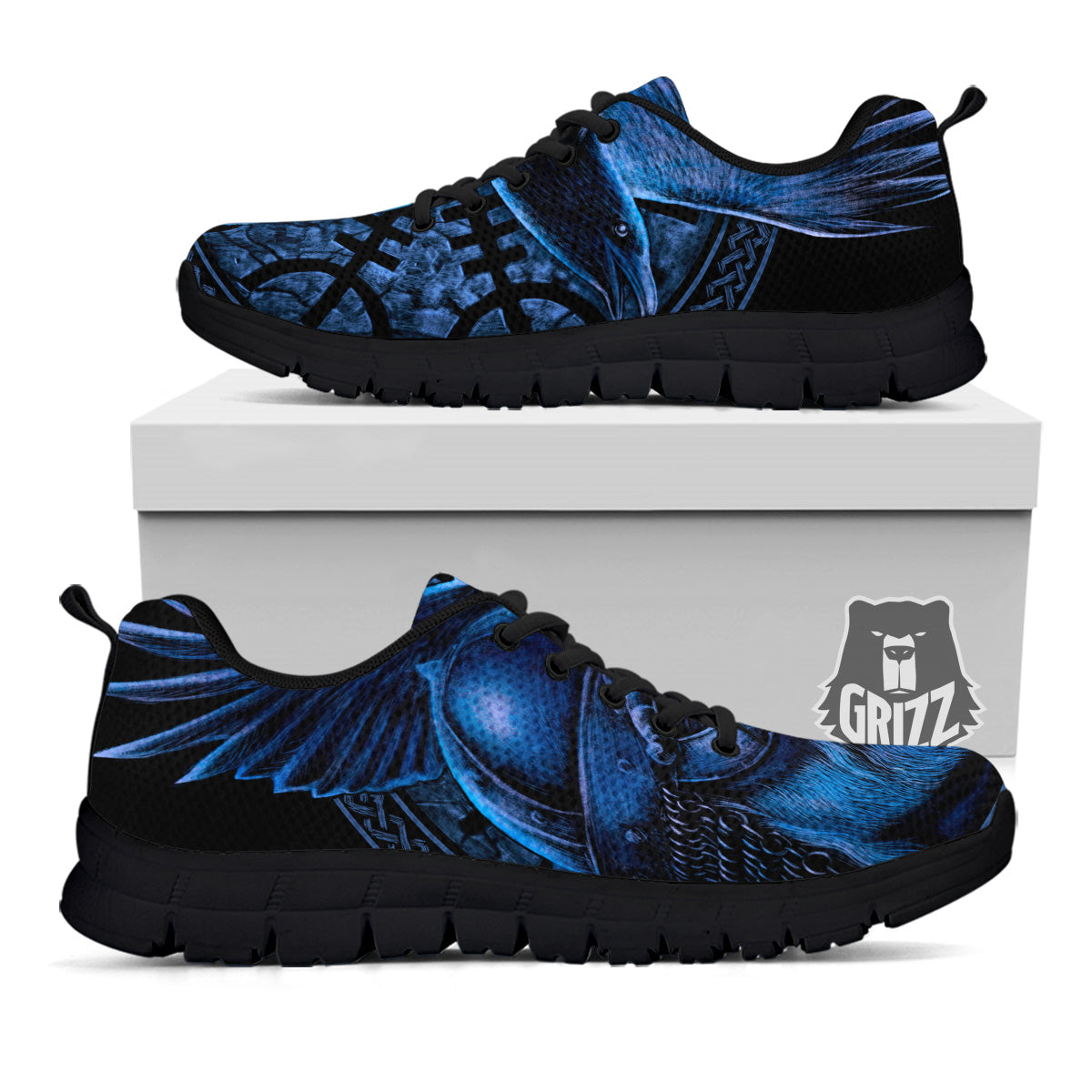 Viking God Odin And Crow Blue Print Black Sneaker-grizzshop