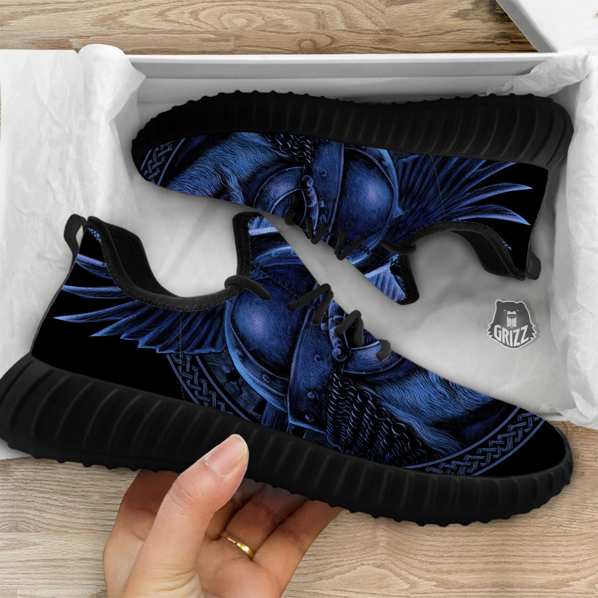 Viking God Odin And Crow Blue Print Black Walking Shoes-grizzshop