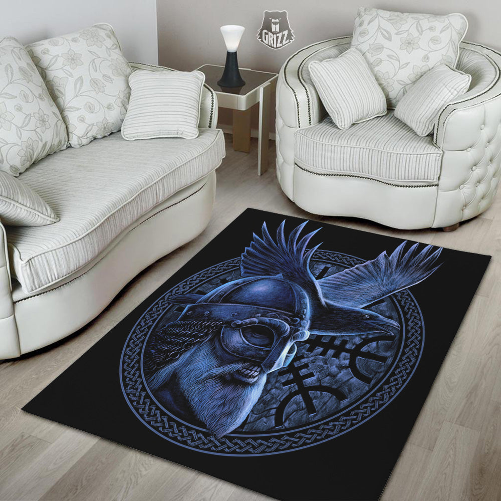 Viking God Odin And Crow Blue Print Floor Mat-grizzshop