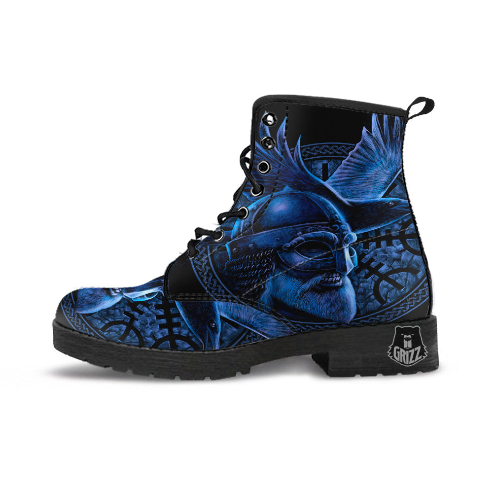 Viking God Odin And Crow Blue Print Leather Boots-grizzshop