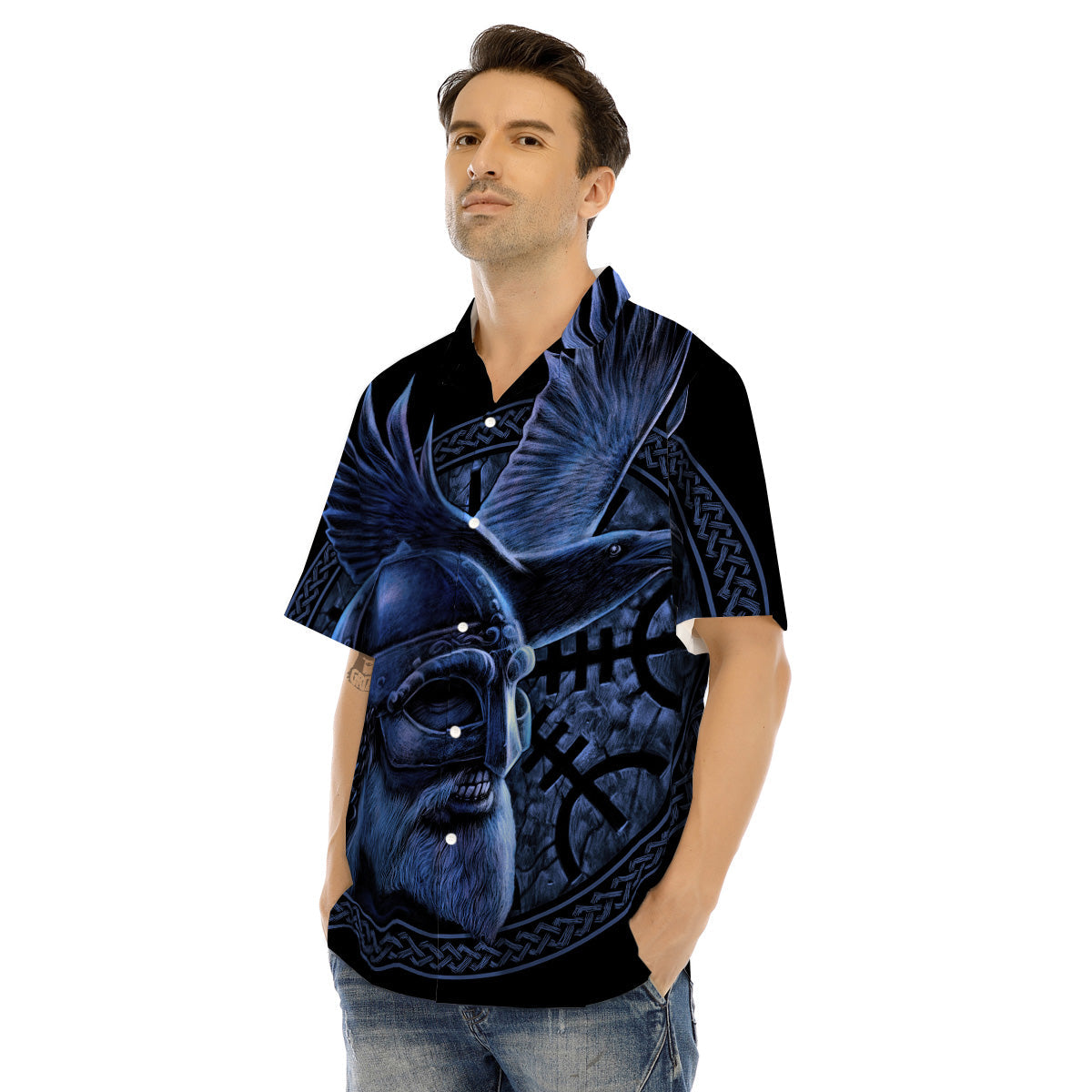 Viking God Odin And Crow Blue Print Men's Hawaiian Shirt-grizzshop