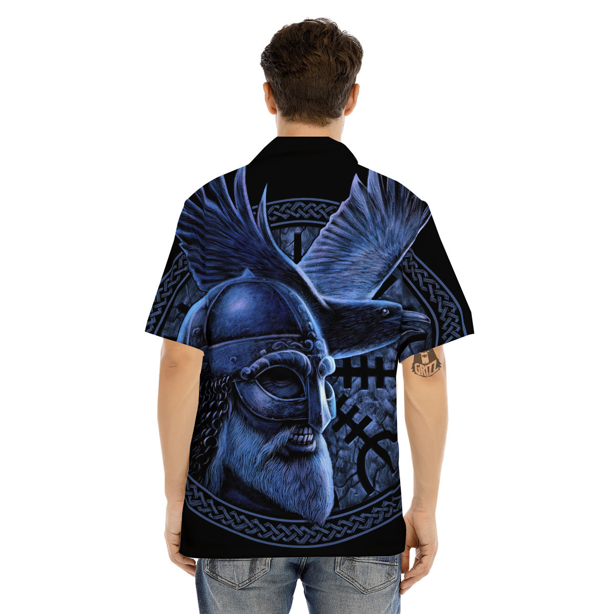 Viking God Odin And Crow Blue Print Men's Hawaiian Shirt-grizzshop