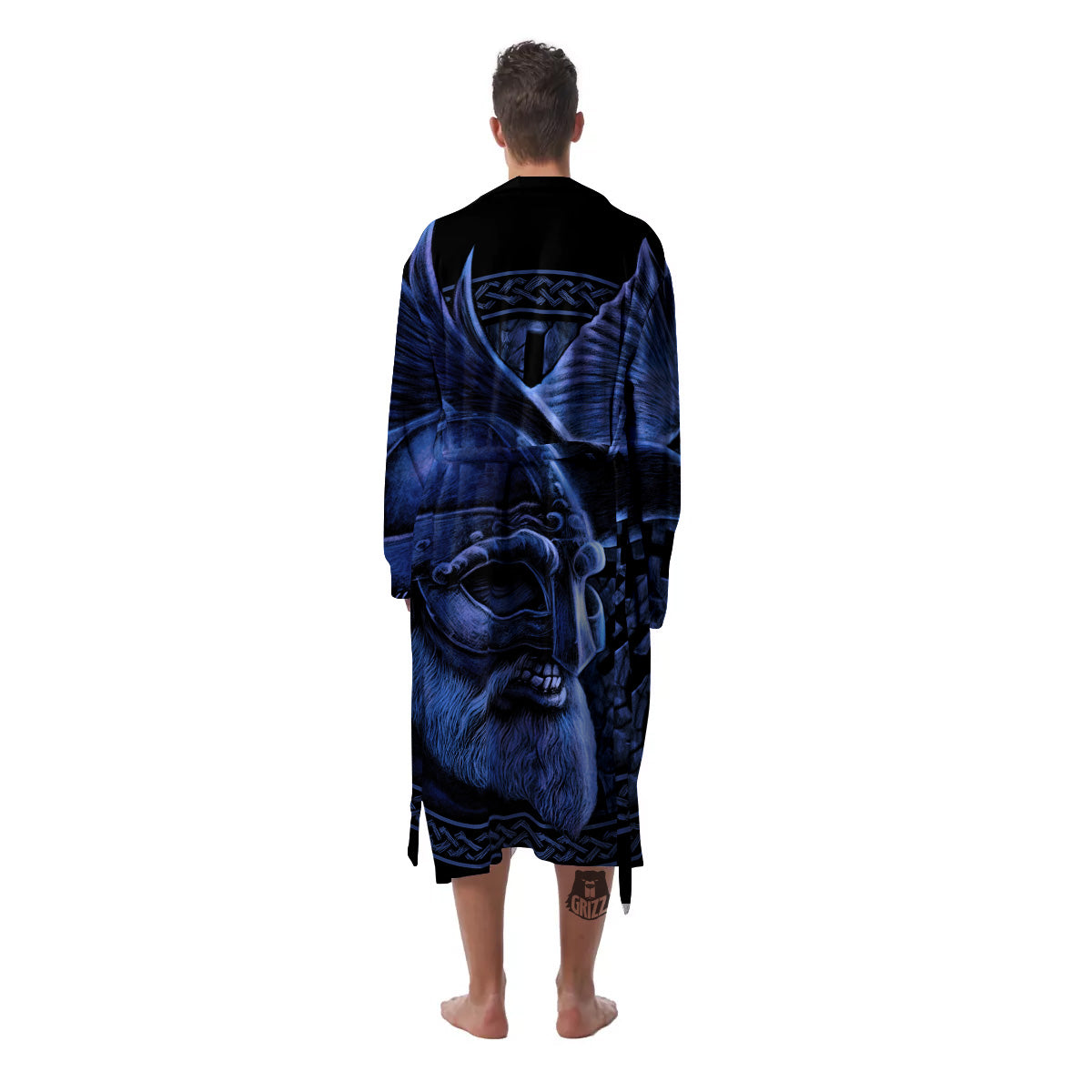 Viking God Odin And Crow Blue Print Men's Robe-grizzshop