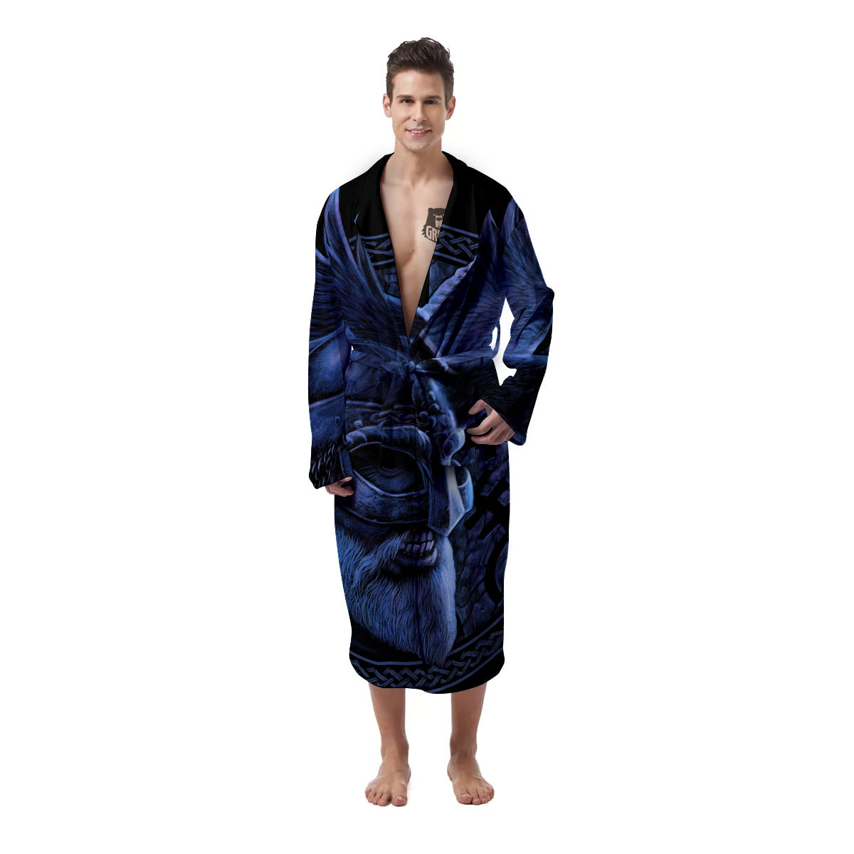 Viking God Odin And Crow Blue Print Men's Robe-grizzshop