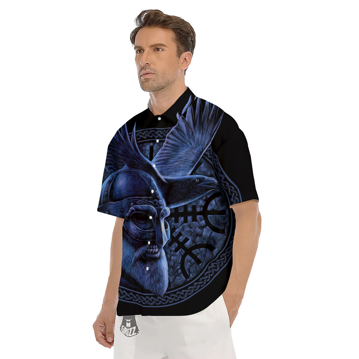 Viking God Odin And Crow Blue Print Men's Short Sleeve Shirts-grizzshop
