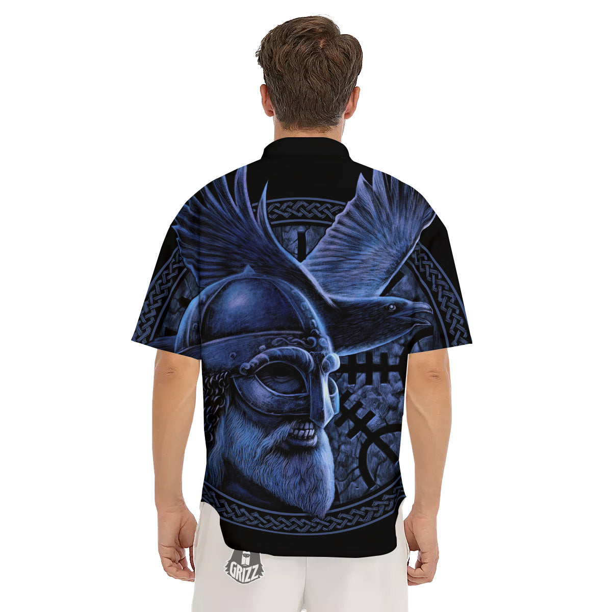 Viking God Odin And Crow Blue Print Men's Short Sleeve Shirts-grizzshop