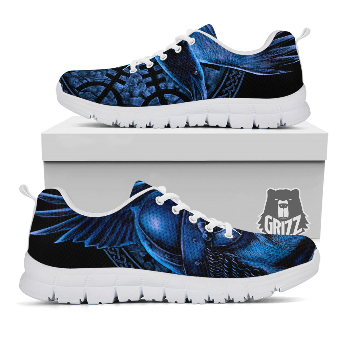 Viking God Odin And Crow Blue Print White Sneaker-grizzshop