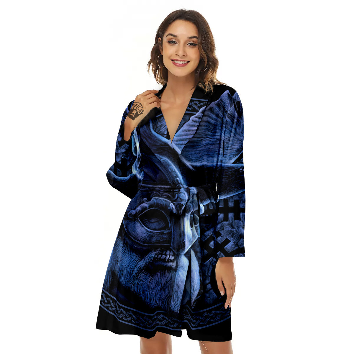 Viking God Odin And Crow Blue Print Women's Robe-grizzshop