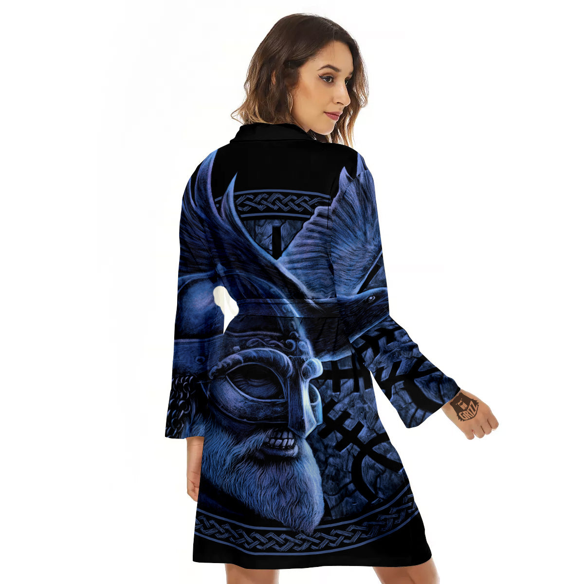 Viking God Odin And Crow Blue Print Women's Robe-grizzshop